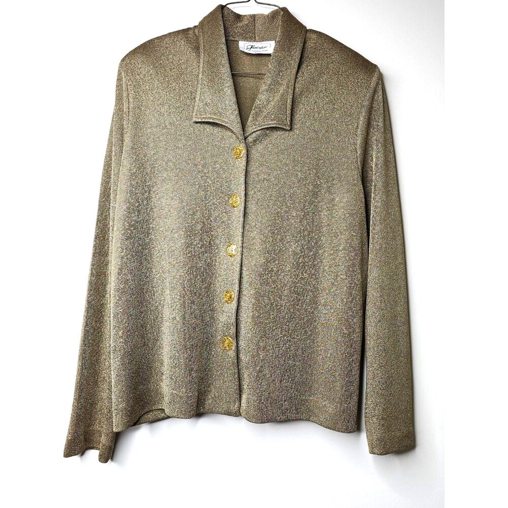 Vintage Florentine Cardigan Jacket Beige Knit  Sz 10 Lucite Straw Buttons